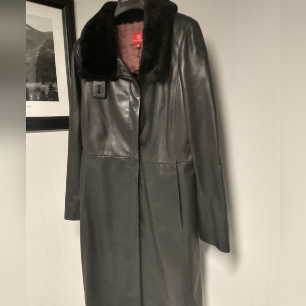 Cole Haan Lambskin Leather Long Coat  Natural Fur Collar Black Size M